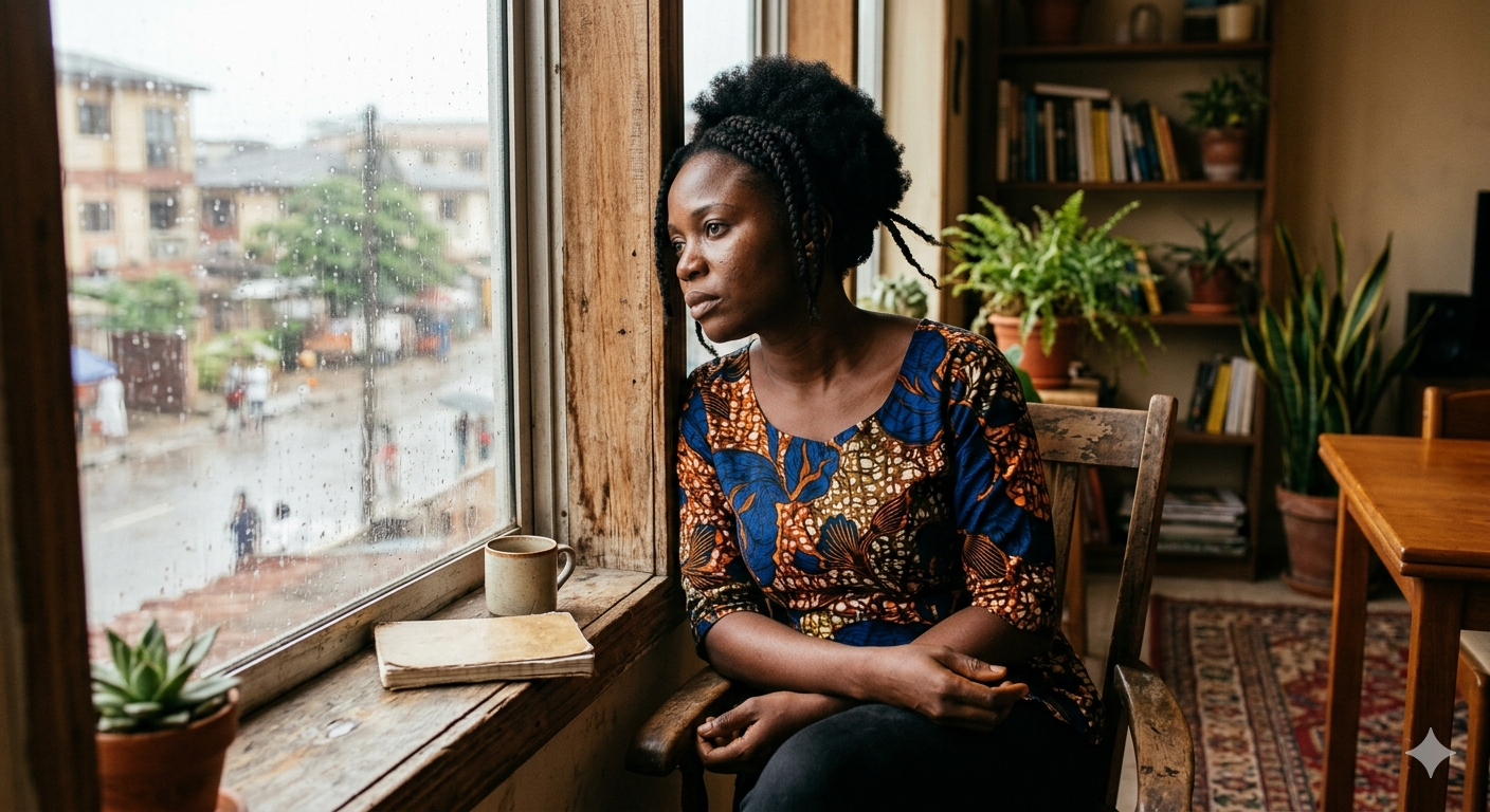 A thoughtful Nigerian woman sitting quietly